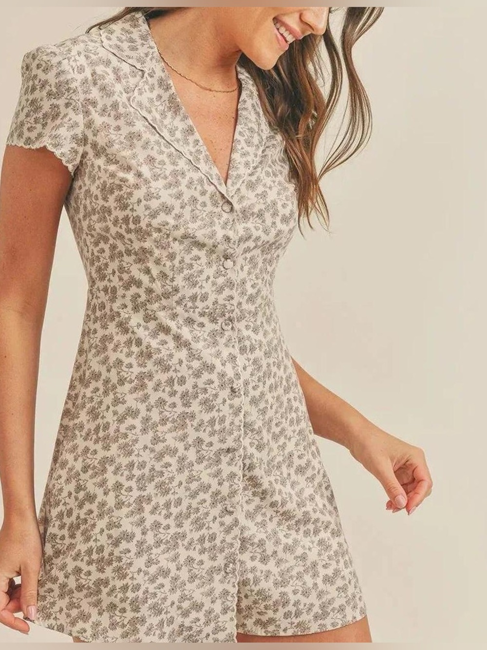 Floral Button-Front Mini Dress in Light Beige